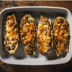 A baked eggplant dish with cheese served in a white casserole