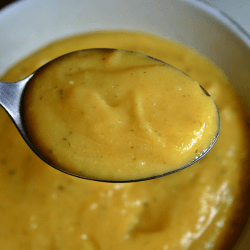 Bowl of carrot and parsnip soup and a spoonful of the soup