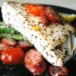 Fried Halibut with Asparagus, Chorizo and Cherry Tomatoes