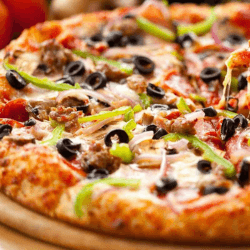 Neopolitan pizza with button mushrooms, peppers, onions and cheese