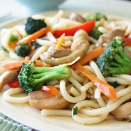 Pork stir fry with pasta and vegetables