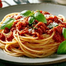 Spaghetti bolognese served on a dish, sprinkled with cheese