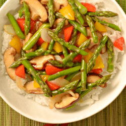 Quick dinner ideas - a dish of asparagus, rice, mushrooms and vegetables